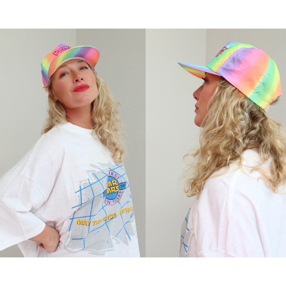 1990's Vintage Cavendish Beach Neon Rainbow Snapback Trucker Hat ~ Surfer Skater